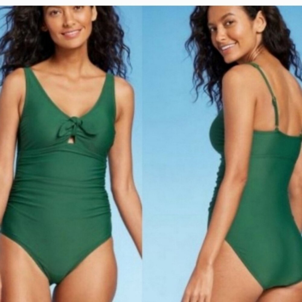 Kona Sol Green Small Tie-Front Ruched Full Coverage One Piece Swimsuit